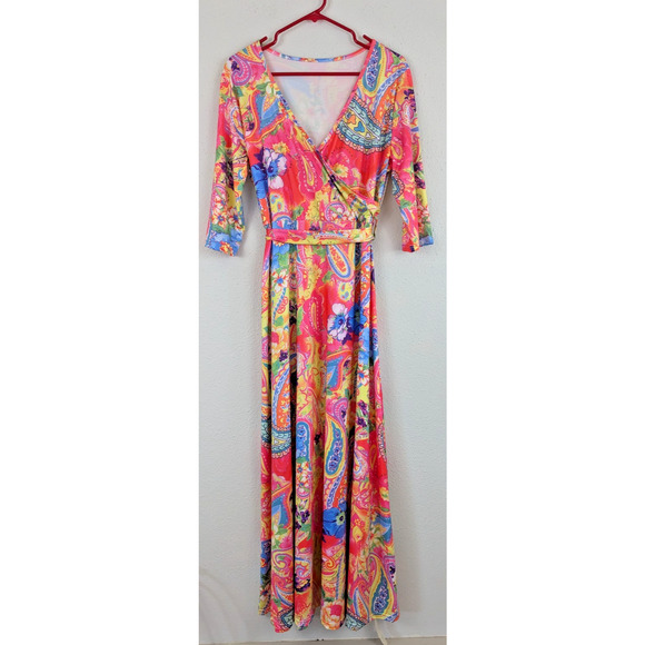 New Afibi sz XL Long Faux Wrap Maxi Dress multi color floral design ties 3109 - Picture 1 of 5